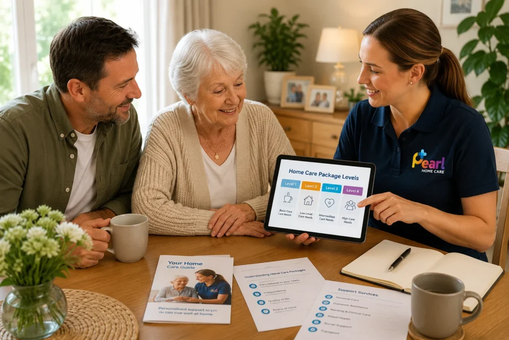 Older Australian family discussing Home Care Package eligibility and package levels with a Pearl Home Care coordinator at home