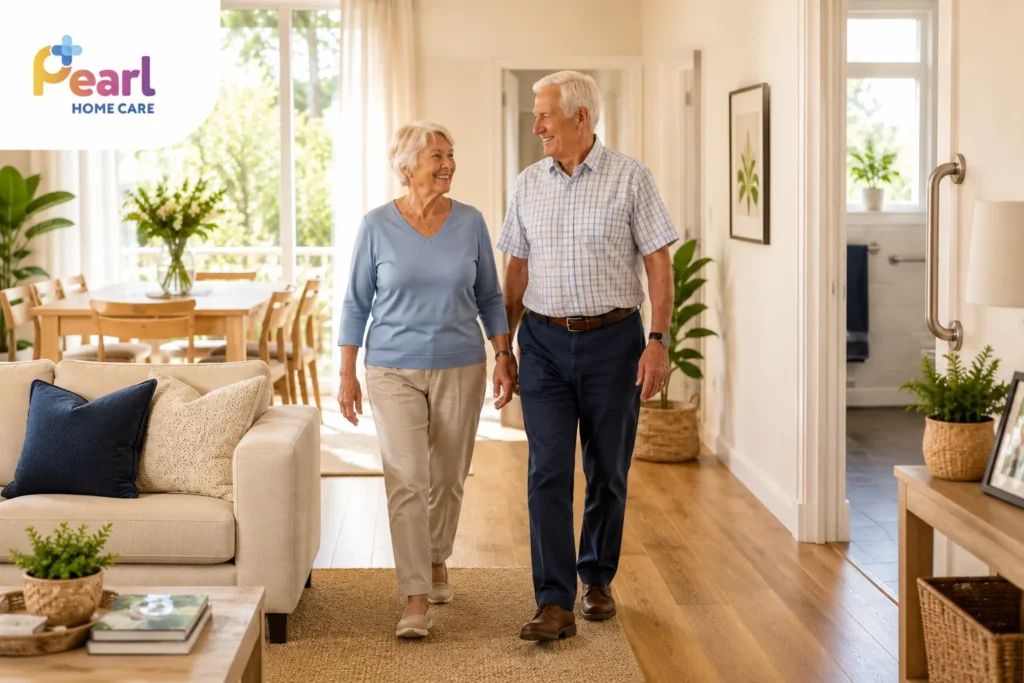 Older couple walking safely through a bright, accessible home with clear pathways and supportive safety features, representing home safety for seniors.